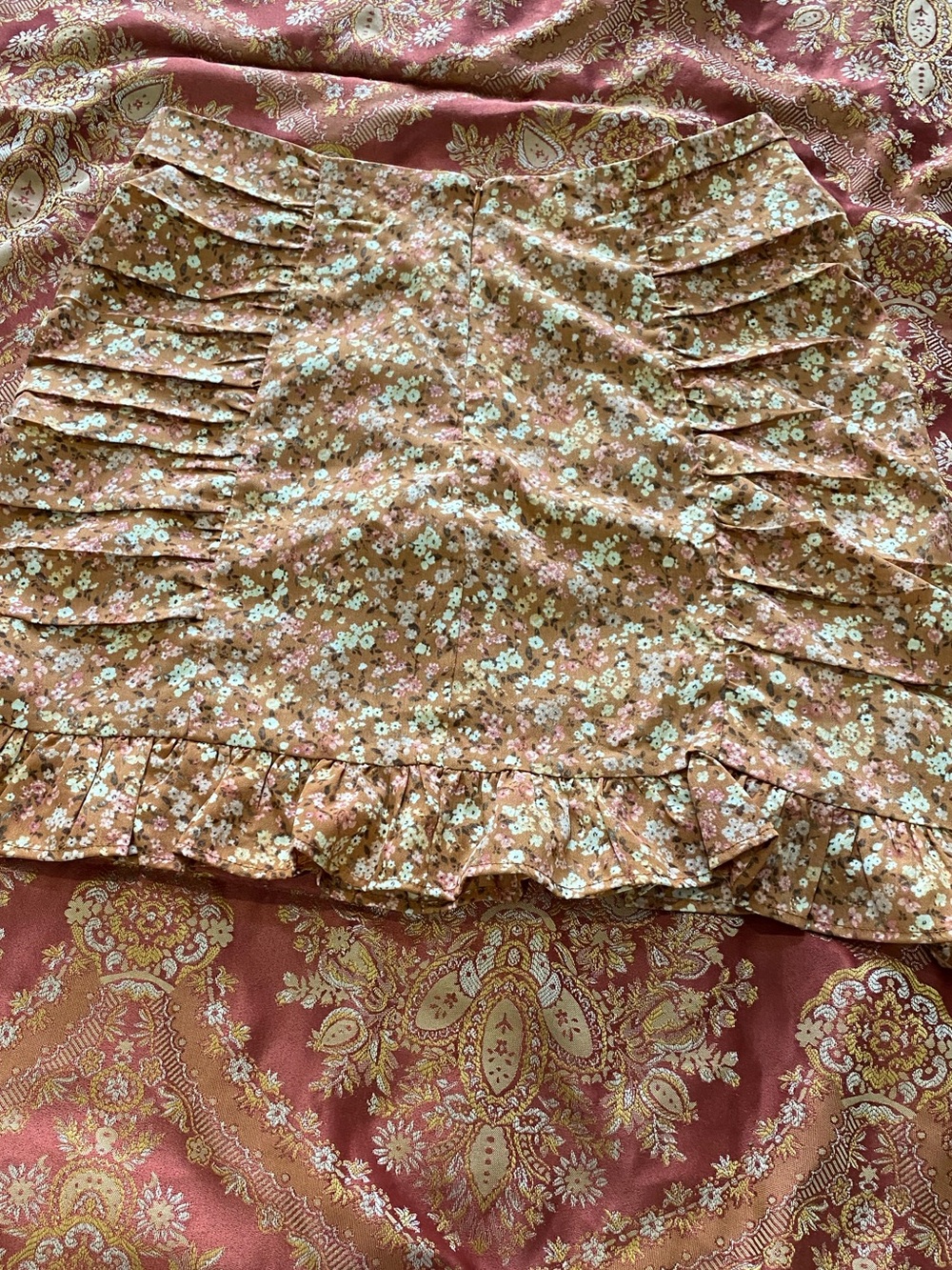 Floral Ruffle Mini Skirt in Light Brown